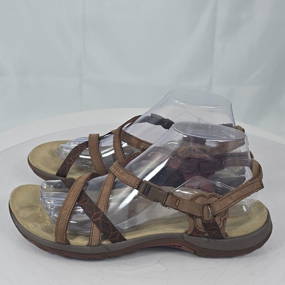 Merrell Dark Earth Brown Leather Jacardia Womens Size 9  Strappy Thong Sandals